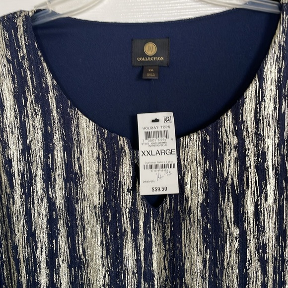 New! JM Collection Metallic O-Ring Keyhole Top, Holiday Top, Blue and Gold, XXL - Picture 4 of 11